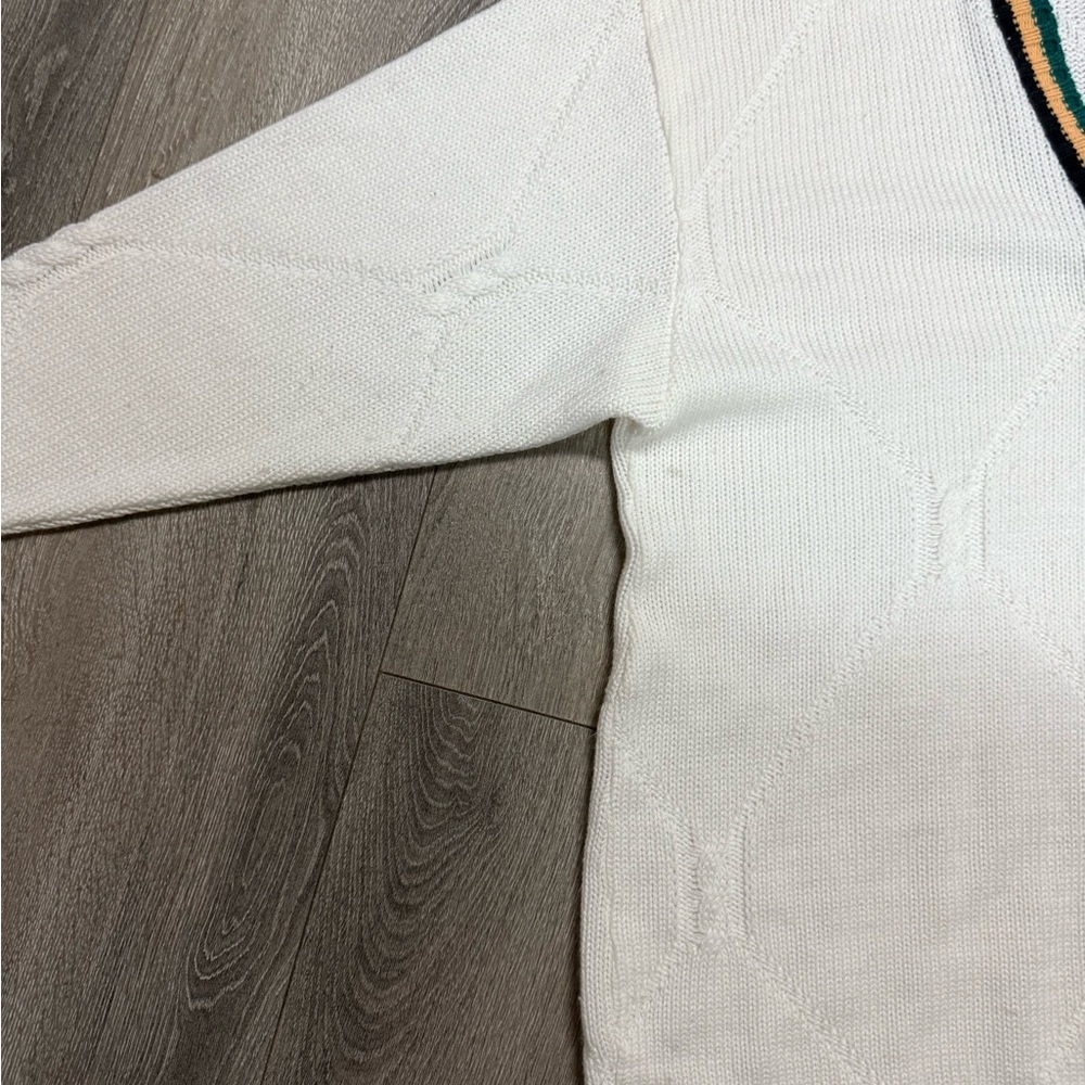 Vtg Arnold Palmer White Cardigan Sweater with Striped Trim - Picture 5 of 8